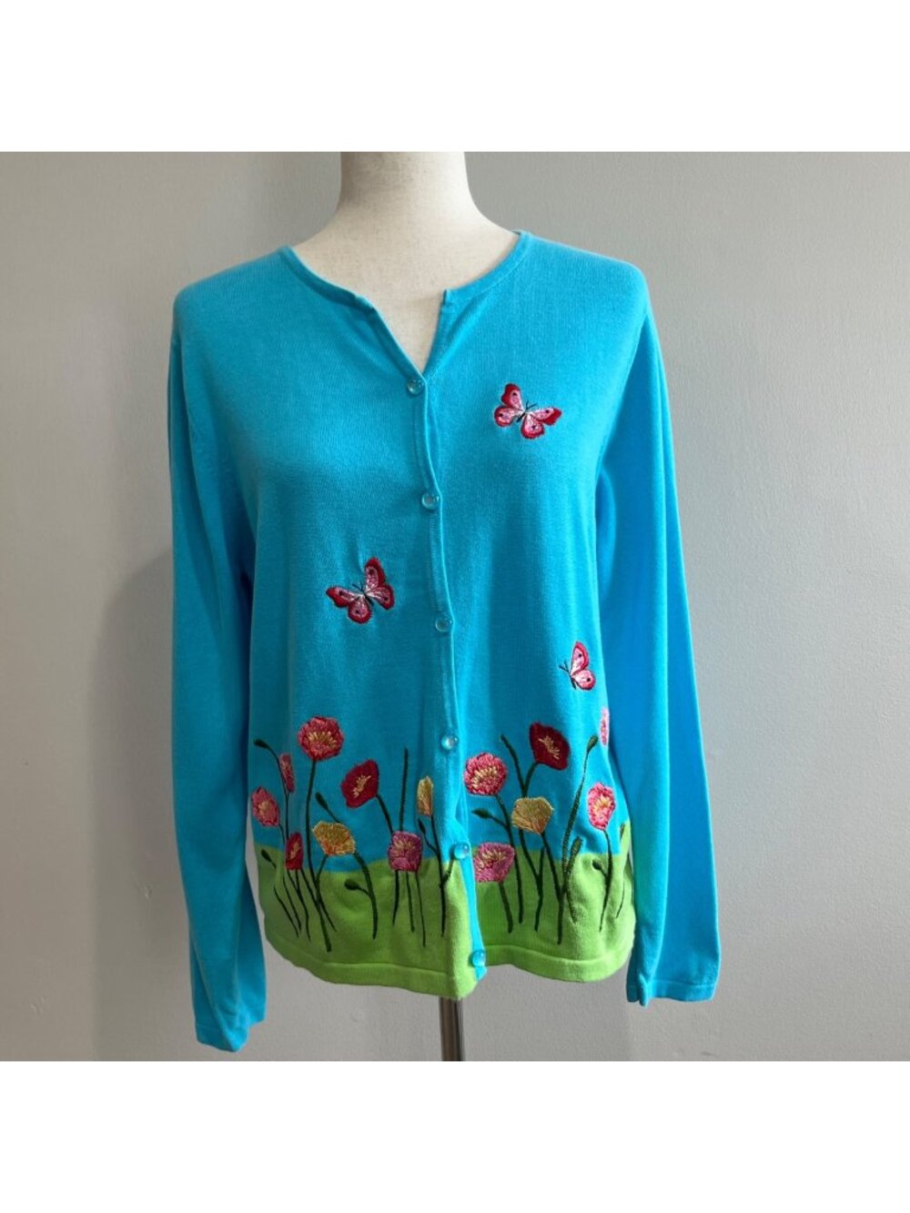 Mandal Bay Embroidered Cardigan Sweater Womens M Blue Flowers Butterflies